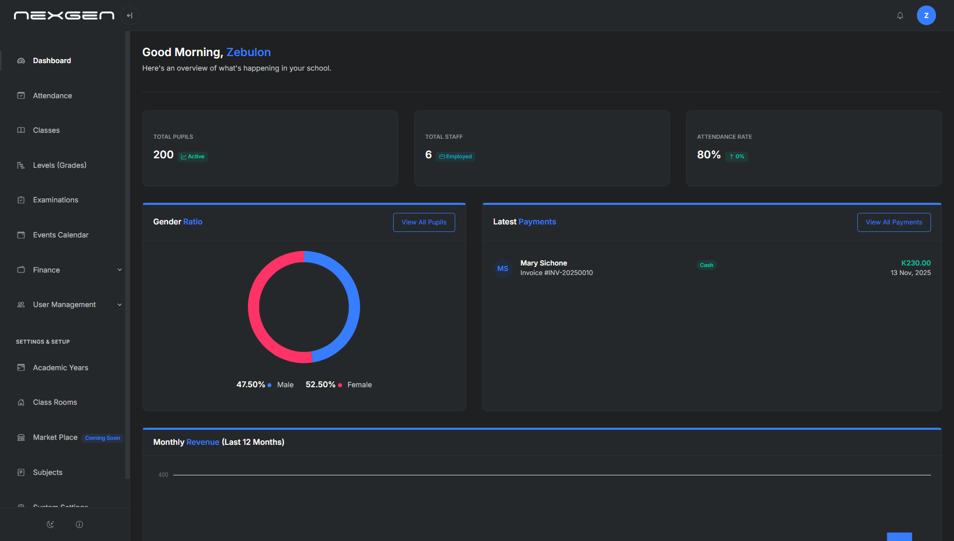 Edunex school management dashboard